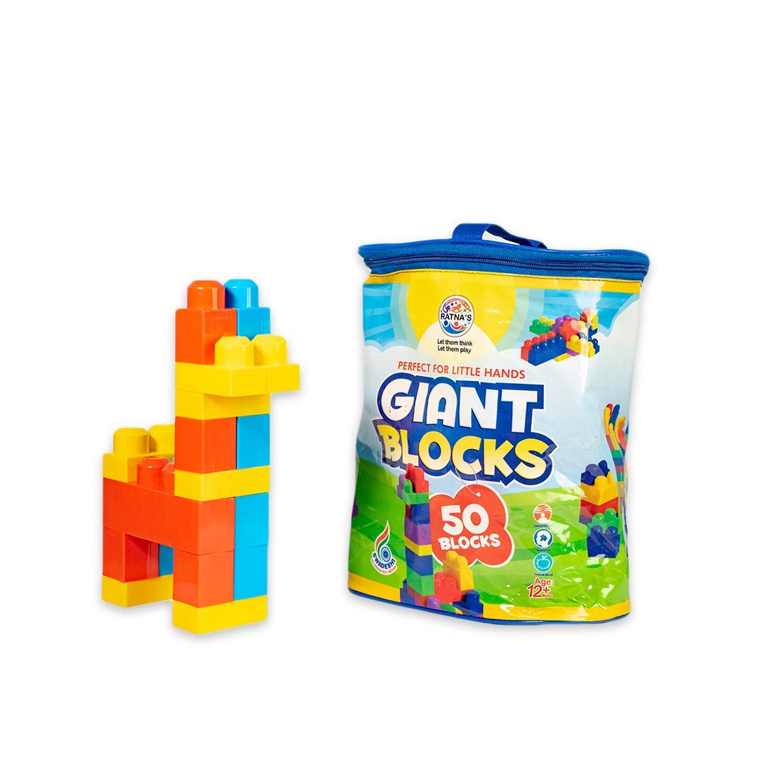 RatnaS Giant Blocks Big Building Bag With Big Building Blocks, Building Toys For Toddlers (50 Pieces)  Blue Bag