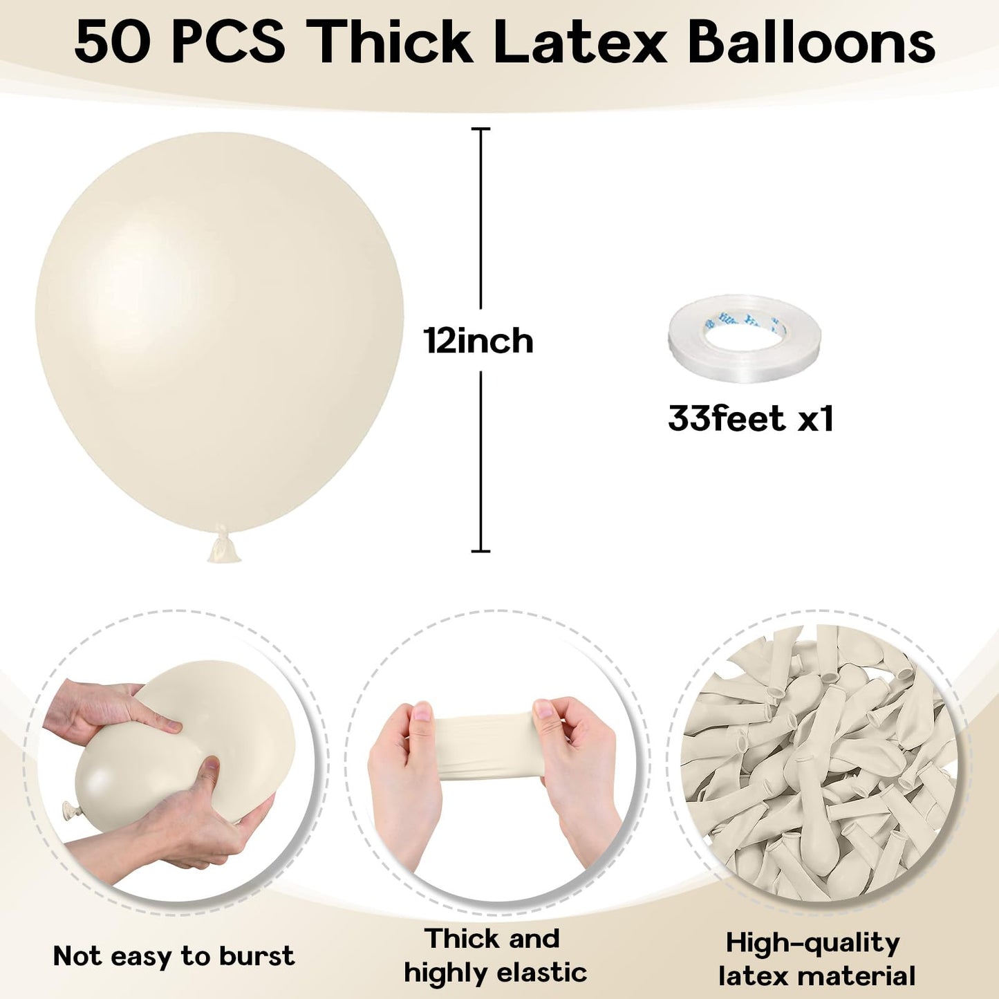 Jobkoo Sand White Balloons 12 Inch, 50Pcs Beige Balloon Boho White Latex Cream Balloons Matte Retro Off White Sand Neutral Heliu
