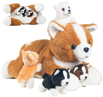 Youthfuljive 5 Pcs Corgi Stuffed Animal With 4 Babies Puppy Inside Big Mommy Dog Stuffed Animals In Zippered Belly, Cute Stuffed