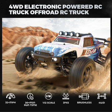 BEZGAR HM124 Brushless RC Car - 1:12 Scale 52+KM/H High Speed RC Truck, 4x4 Offroad Waterproof for All Terrains, Hobby Grade Rem