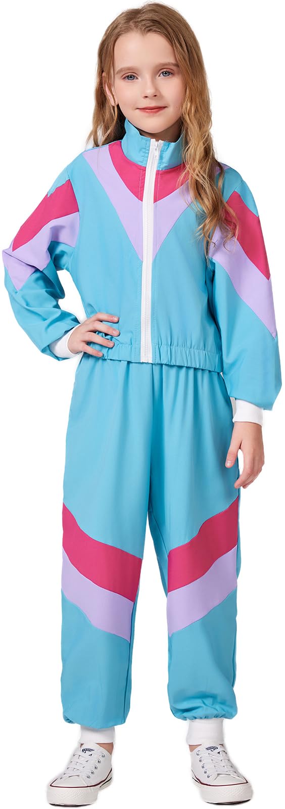 Sizgaroot 80S 90S Retro Windbreaker Set Girls Workout Costume Outfit Track Suit For Girls (Blue, 9-10 Years)
