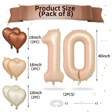Biapian 40 Inch Light Brown Number 10 Balloons, 8Pcs Large Foil Number 1 & 0 Balloons With 18'' Caramel Heart Shape Balloon For