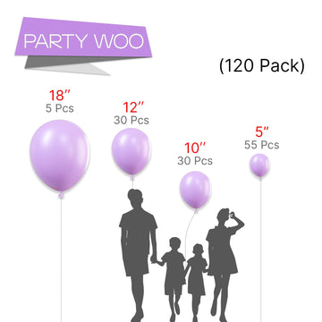 Partywoo Pastel Purple Balloons, 120 Pcs Pale Purple Balloons Different Sizes Pack Of 18 Inch 12 Inch 10 Inch 5 Inch For Purple Balloon Garland As Birthday Decorations, Party Decorations, Purple-Q10