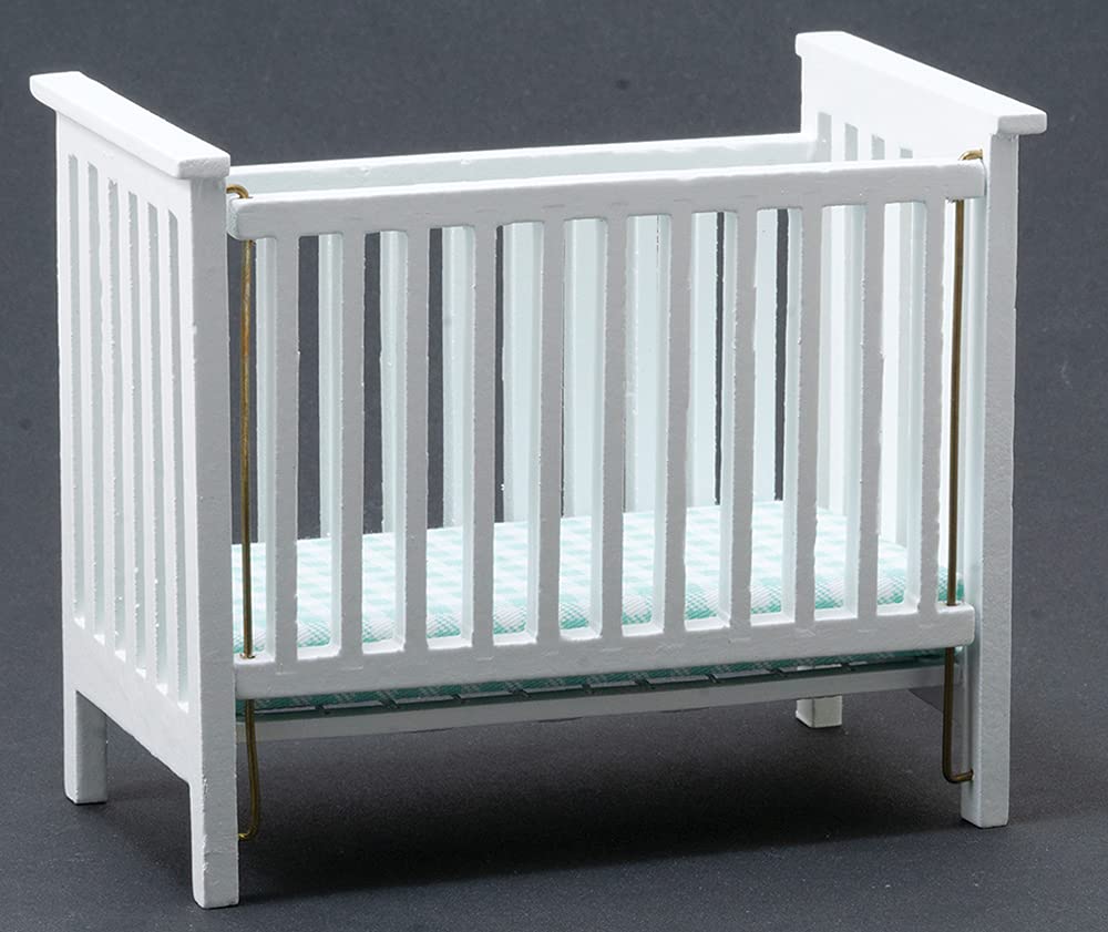 Classics By Handley Dollhouse Miniature White Slatted Nursery Crib With Blue Fabric