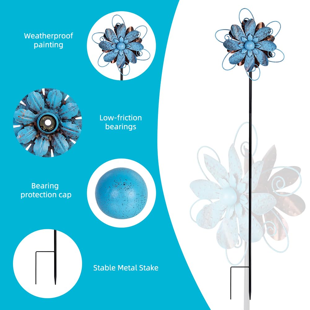 Venniy Wind Spinners Outdoor, Metal Flower Garden Pinwheels, Garden Wind Sculptures & Spinners For Yard Lawn Patio Decor - Blue