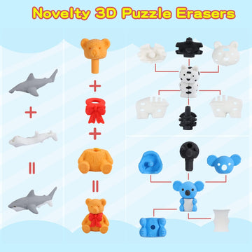 Kleeblatt 20Pcs Assembled Animal Erasers For Kids Bulk, Puzzle Mini Fun Desk Pets For Kids Classroom, Treasure Box Prizes,Party