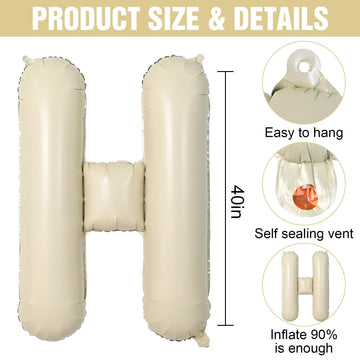 Letter Balloons Beige,40 Inch Letter H Balloons,A-Z Alphabet Name Foil Balloons,Big Single Cream Aluminum H Word Balloons Helium