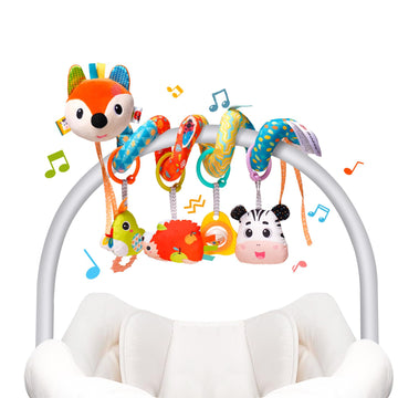 Car Seat Toys, Cute Fox Car Seat Toys for Babies 0-6 Months Boy, Stroller Toys with Crinkle, Teether, Music Box, Rattle, BB Sque
