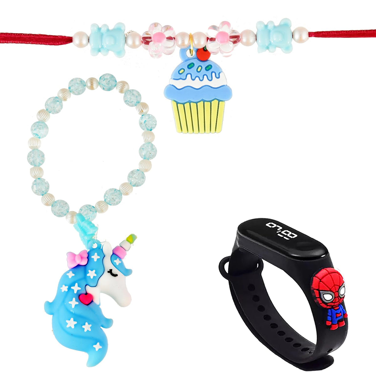 Pack Of 3 Trending Kiddie Cartoon Rakhi Bracelets Set With Watch For Little Brother Sister Rakshabandhan Favor (Design 3)