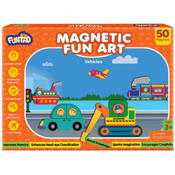 Funtad Magnetic Fun Art Puzzle - Vehicles|4-In-1 Travel Friendly Educational Toy With Writable Board|50 Magnetic Pieces With Inf