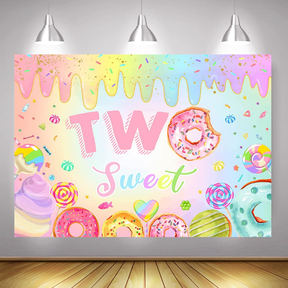 Mocsicka Donut Two Sweet Birthday Backdrop Sweet Candy Second Birthday Party Decorations Background Cake Table Banner Happy 2nd
