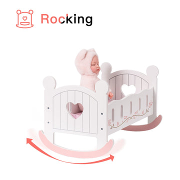 Robotime Wooden Play Doll Cradle Rocking Baby Doll Crib, Reversible Doll Bedding For Toddler Girl,Fits Dolls Up To 20 Inches (Wh