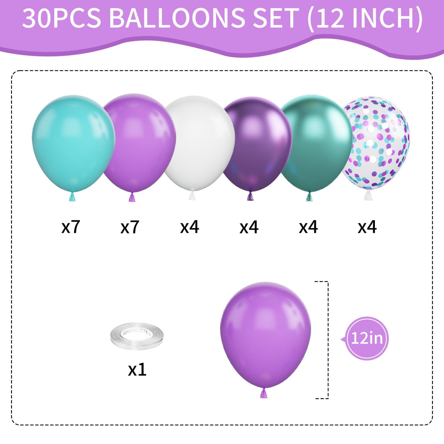 Mermaid Balloons, 12 Inches Purple And Green Balloons Teal Purple White Metallic Confetti Green Purple For Girls Mermaid Birthda