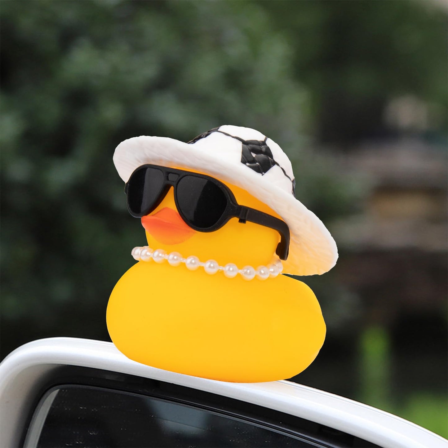 Wonuu Car Rubber Duck, Yellow Duck Decoration Dashboard With Sun Hat Swim Ring Necklace Sunglasses For Car Dashboard Decorations, Soccer Hat-Transparent-Small Pearl