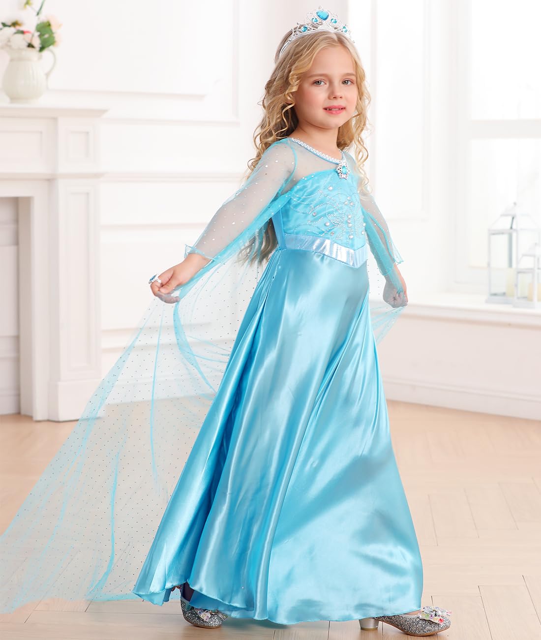Luzlen Snow Princess Costume For Toddler Girls Kids Blue Princess Dress Up With Wig Halloween Birthday Cosplay Outfits, 6-7Y(Tag 140)