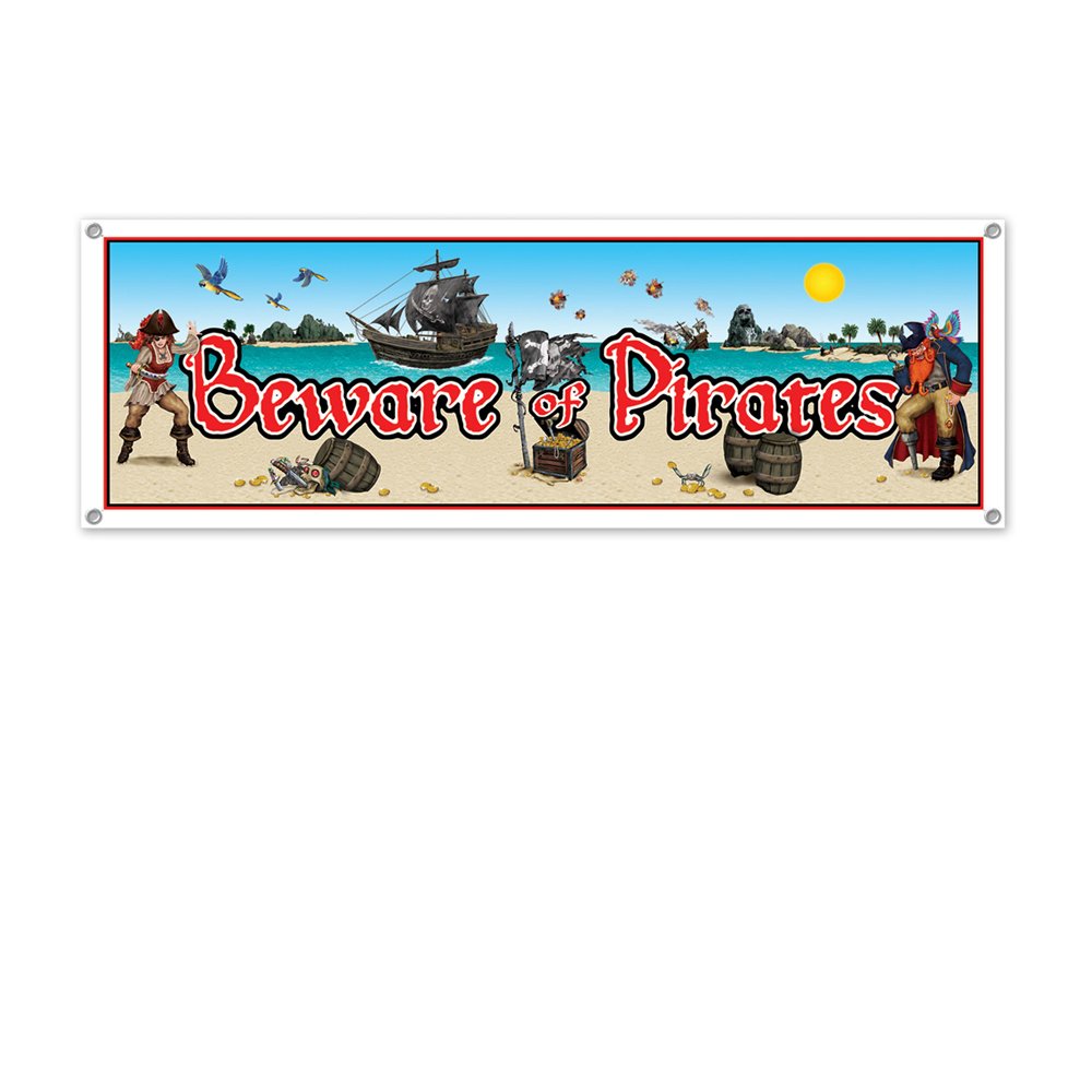 Beistle Party Decoration Beware Of Pirates Sign Banner 5' X 21'- Pack Of 12