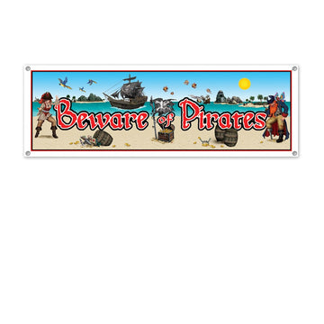 Beistle Party Decoration Beware Of Pirates Sign Banner 5' X 21'- Pack Of 12