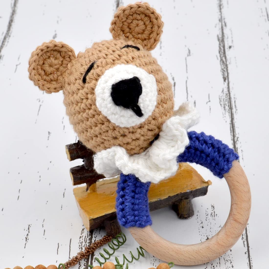 Love Crochet Art Animal Shape Crochet Rattle Cum Soft Toy For Infant, Kids & Babies, Early Age Gift Toys (Bear  Biscuit Color)
