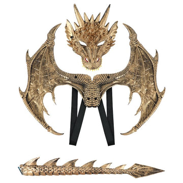 Kids Dinosaur Costume Dress Up Wings Dragon Tail Mask Set Halloween For Children Birthday Party Favors Gifts (Gold)