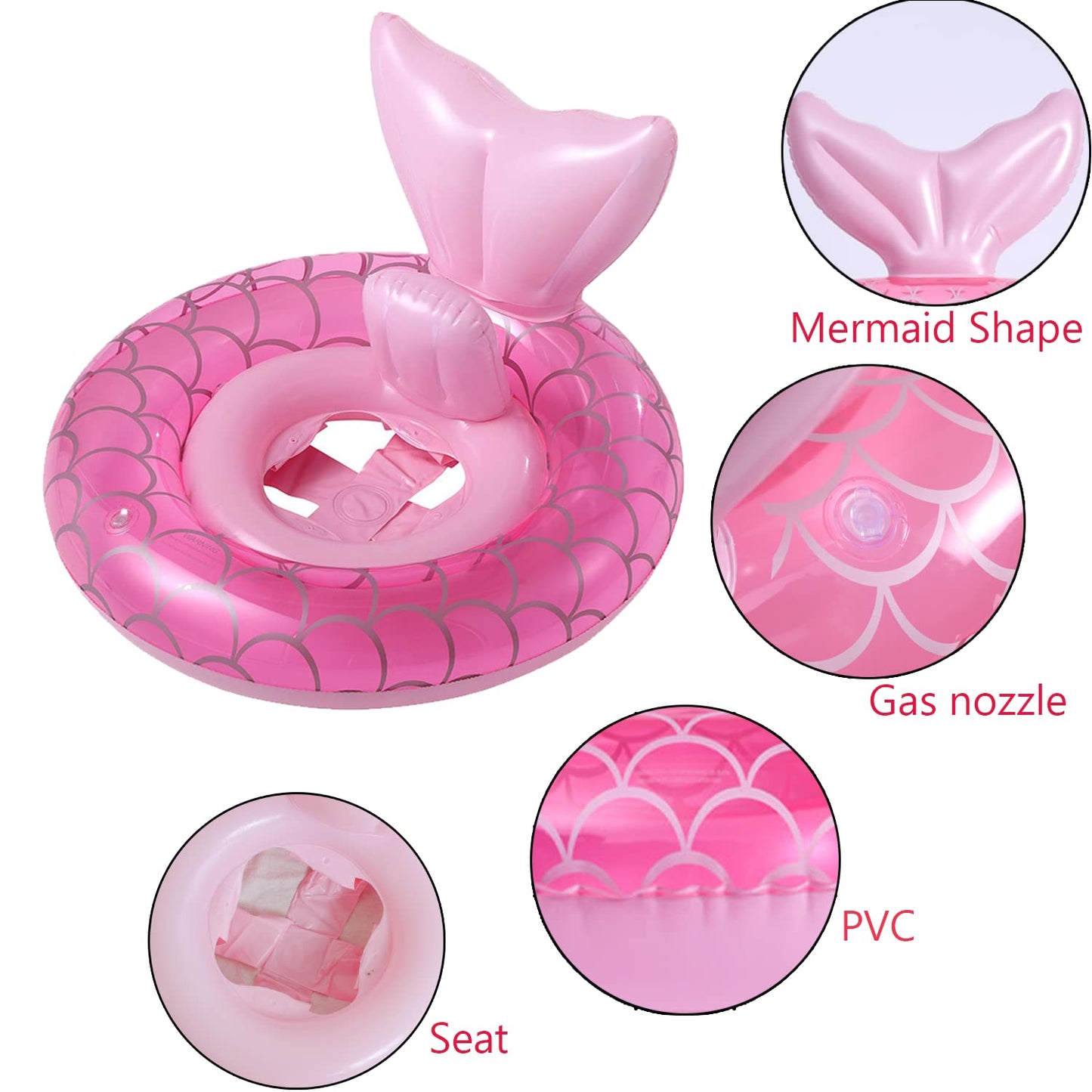 ZEYGLXC Mermaid Baby Swimming Pool Float, Inflatable Swim Ring with Seat & Handle, 6-48 Months, 2-Pink, Plastic