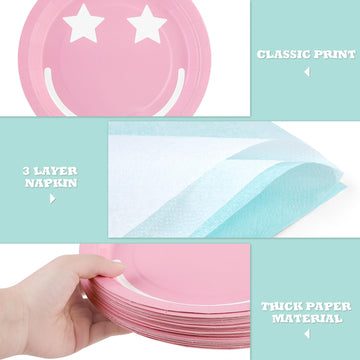 Durony 350 Pieces Preppy Smile Face Party Decorations Pastel Party Supplies Include Smiley Paper Plates Napkins Cups Forks Knive