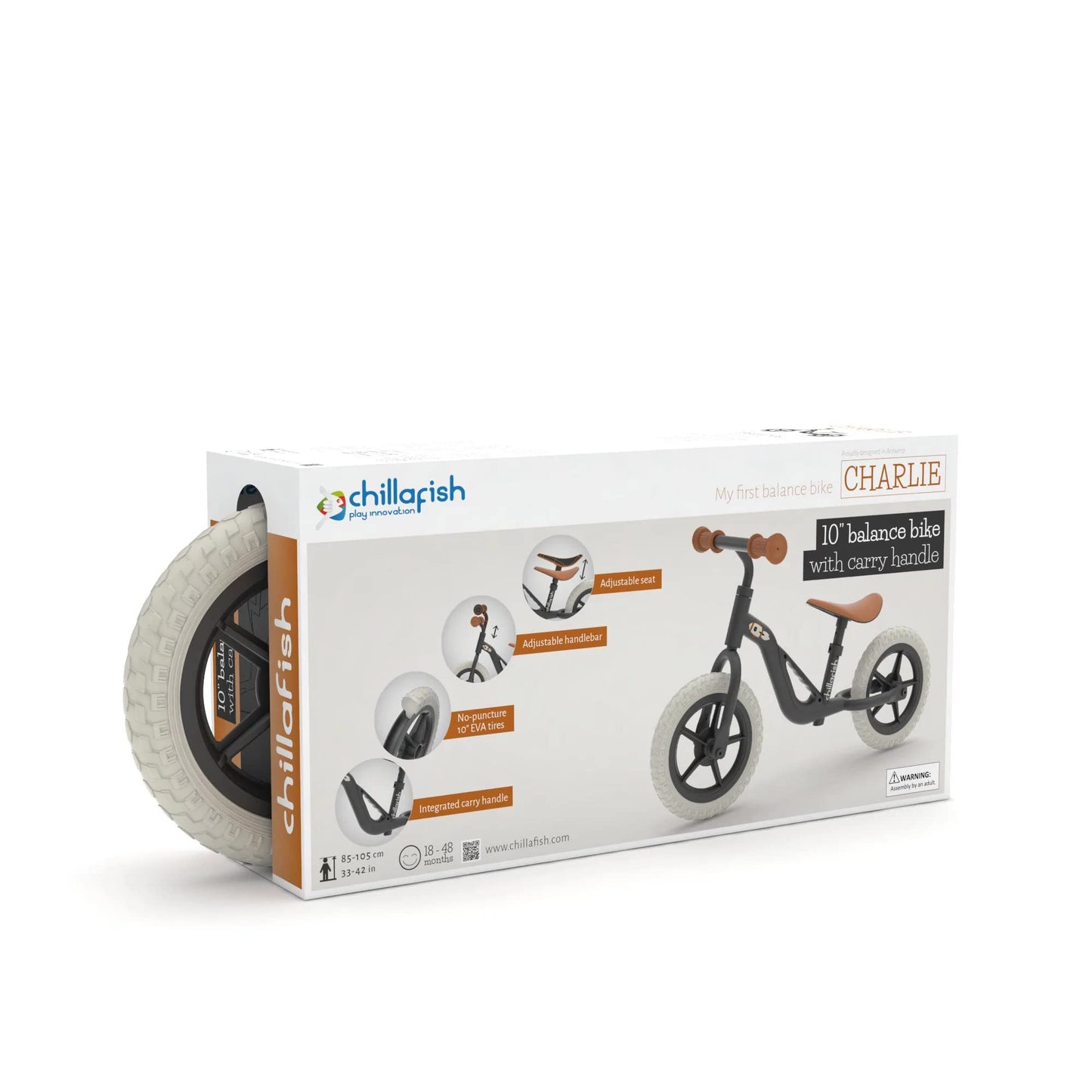 Chillafish Charlie Balance Bike for Toddlers, 10-Inch No-Puncture Tires, Adjustable Seat, Black, Model CPCH01BLA