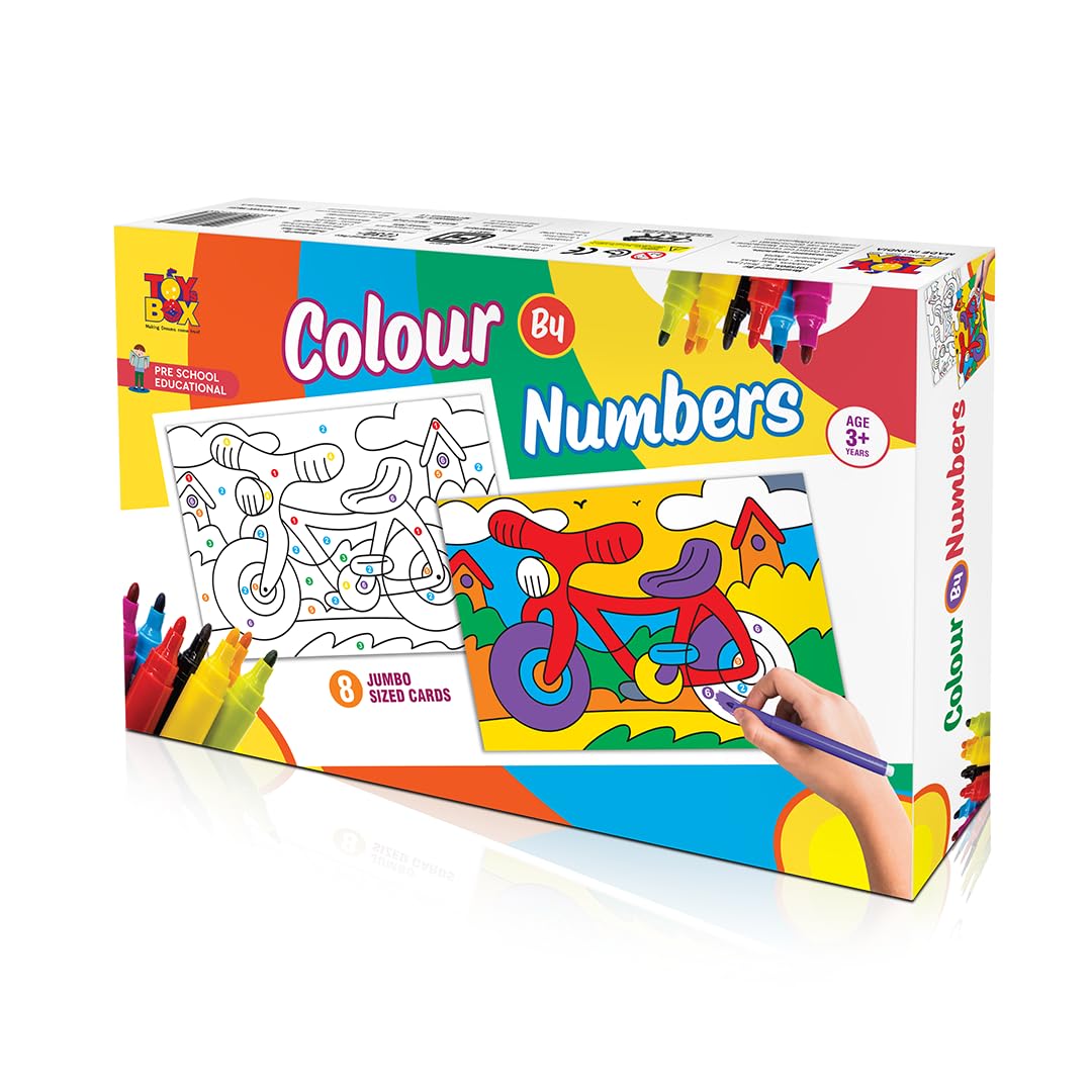 Toysbox Colour By Numbers Art Kit, 8 Jumbo Design Printed Cards With 6 Felt Pens, Educational Learning Kit For Kids Ages 3+ Year