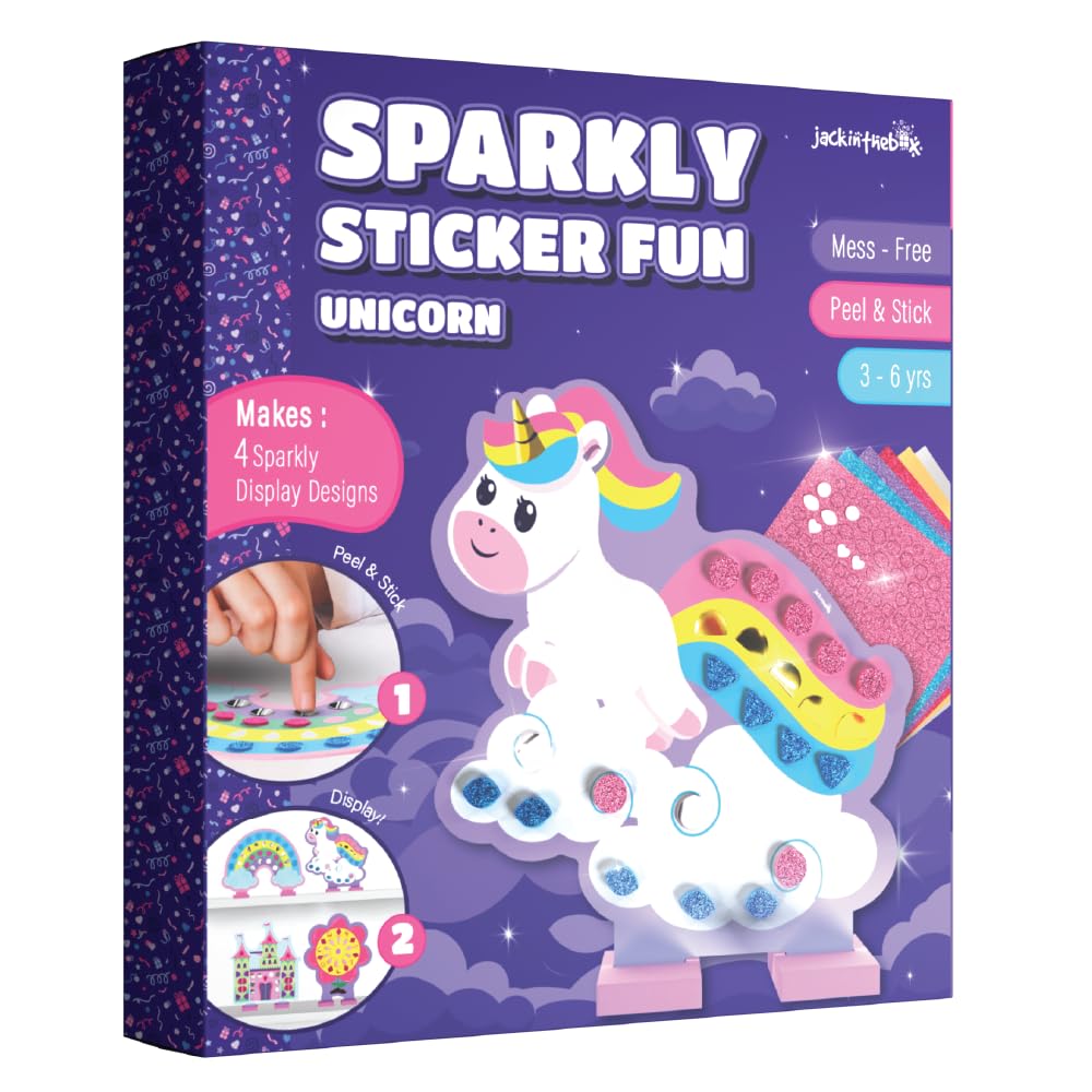 Jackinthebox Unicorn Glitter Sticker Activity Kit | MessFree Peel & Stick Mosaic Art For Kids | 400+ Sparkly Stickers | Fine Mo