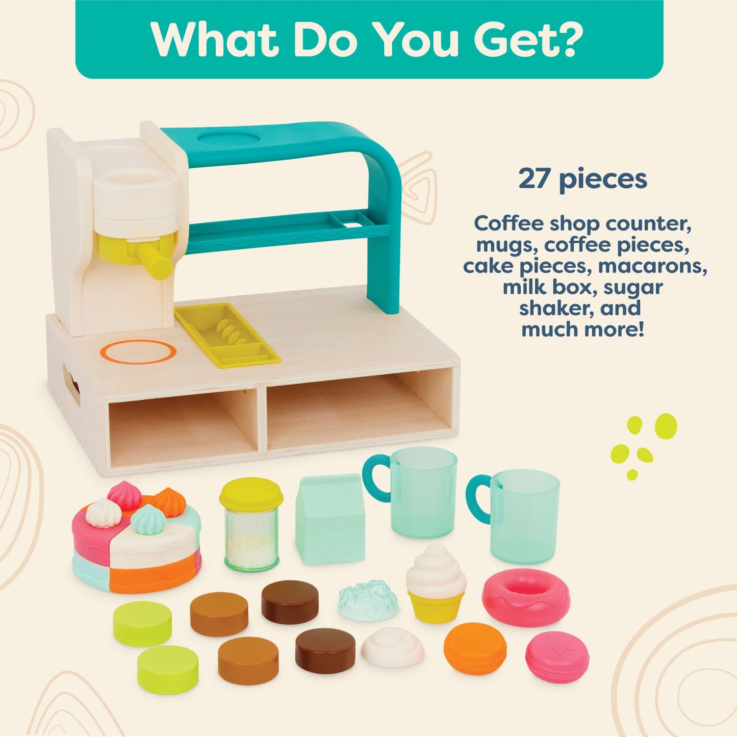 B. toys- Mini Chef - Coffee Shop Playset- Pretend Play- Coffee Shop Playset - Coffee Machine, Cups, Bakery, Desserts - Barista &