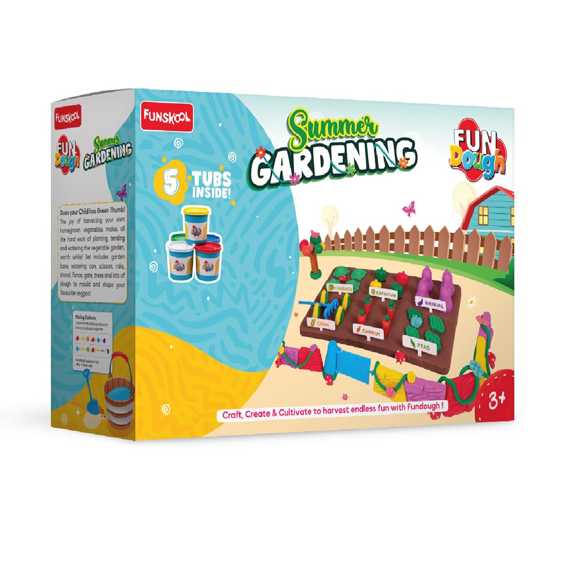 Funskool Fundough Playset Summer Gardening, Garden Themed Playset, Harvest Vegetables, 5 Tubs Of Dough, Toys For Kids, Shaping, 