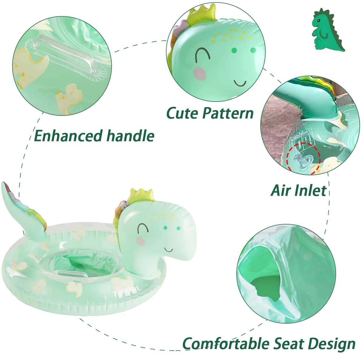 New Baby Swimming Pool Floats For Toddler Kids 0-8 Years Under 44Lb, Inflatable Swim Ring Water Raft With Seat And Handle For Summer Beach Outdoor Children Infant Bath Toys (Green Dinosaur)