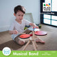 PlanToys Musical Band Toddler Drum Set Sustainably-Made with 2 Different-Sized Drums, Pair of Rubber-Coated Drumsticks, Cymbal,