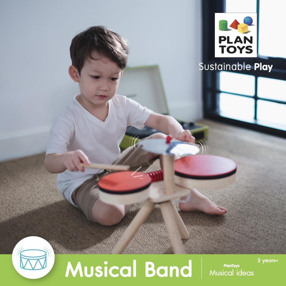 PlanToys Musical Band Toddler Drum Set Sustainably-Made with 2 Different-Sized Drums, Pair of Rubber-Coated Drumsticks, Cymbal,