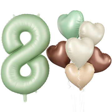 Biapian 40 Inch Sage Green Number 8 Balloons, Large 8Th Birthday Balloons With 18'' Foil Cream Brown Heart Balloon For 8Th Year