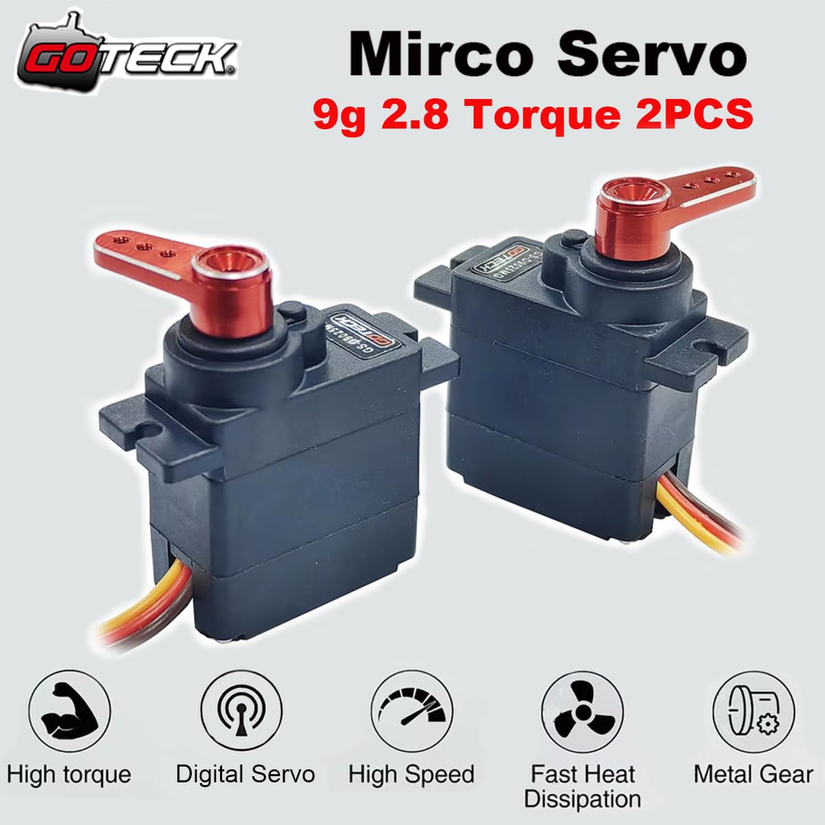 Goteck 2Pcs D9025Mg 9G Mini Servo, Micro Full Metal Gear Digital Servo,With Metal Horn For Rc Car Model Boat Fixed-Wing Helicopt