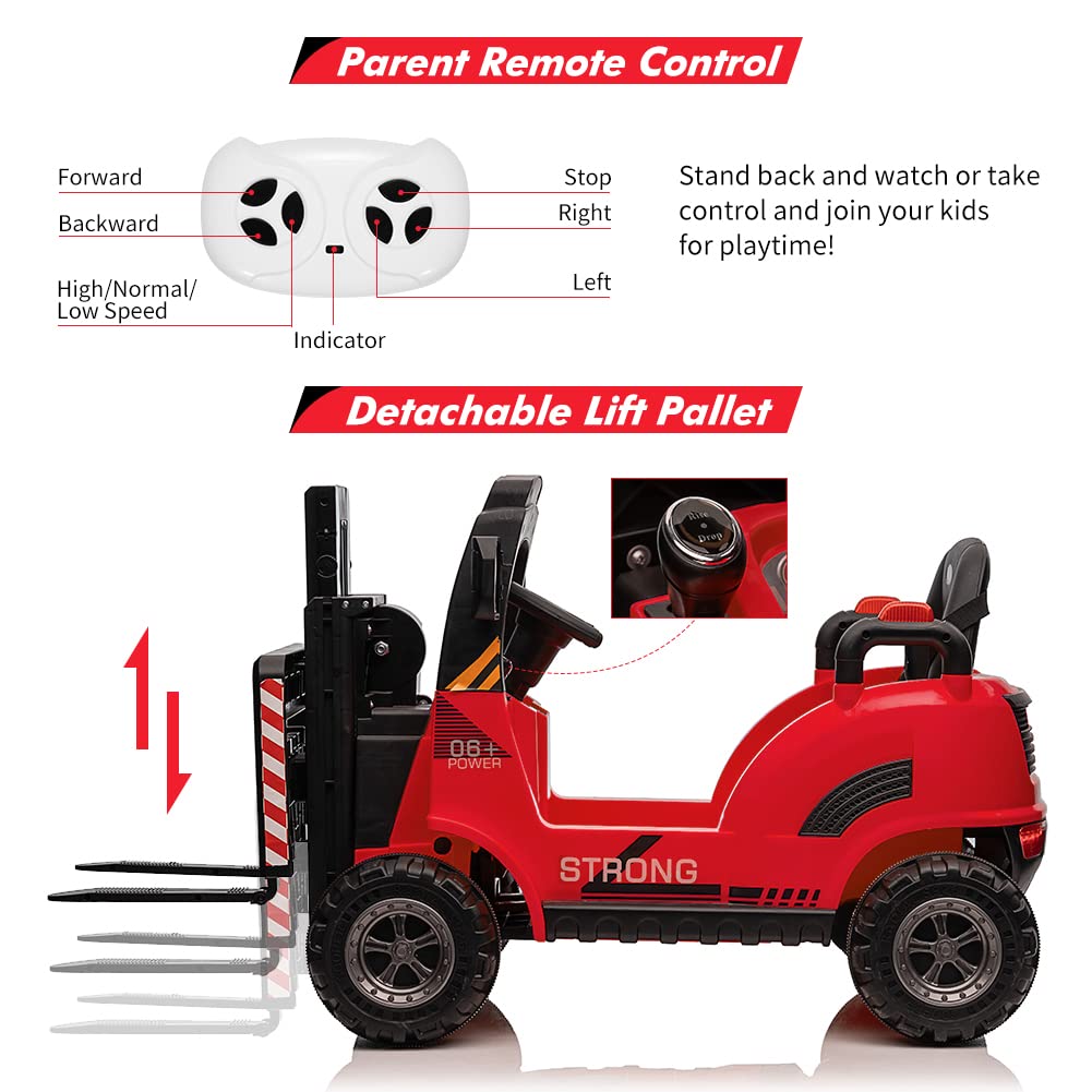 Ride On Forklift Car, 12V Electric Ride On Car With Remote Control, Liftable Fork And Pallet, High/Low Variable Speed,Built-In M