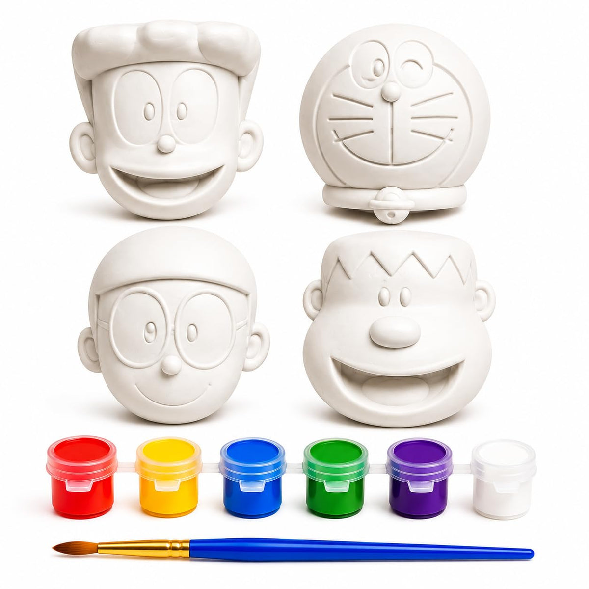 Doraemon Diy Painting Kit For Kids & Adults, 4 Cartoon Figures With 6 Paint Colours & Brush, Creative Art & Craft Activity Set,