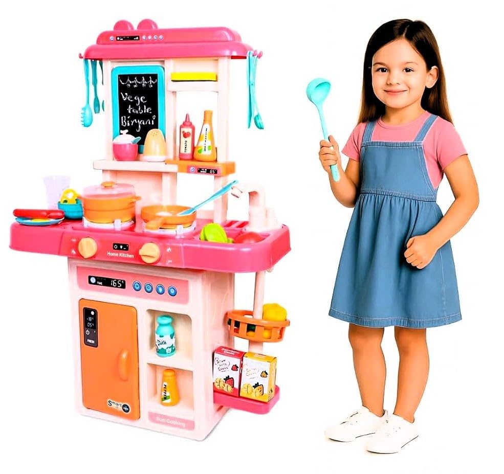 Baby 42Piece Kids Play Kitchen Set with Realistic Steam, Lights & Sounds | Pretend Cooking Toy with Sink, Utensils, Food & Stor