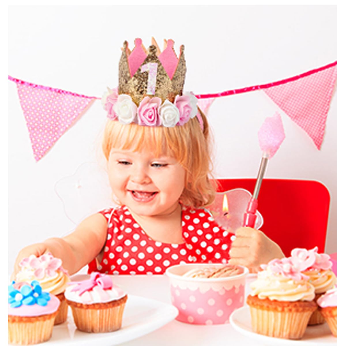 Charmory 1st Birthday Crown for Girls, Princess Party Hat with Floral Design, Baby Girl First Birthday Headband, Soft Sparkling