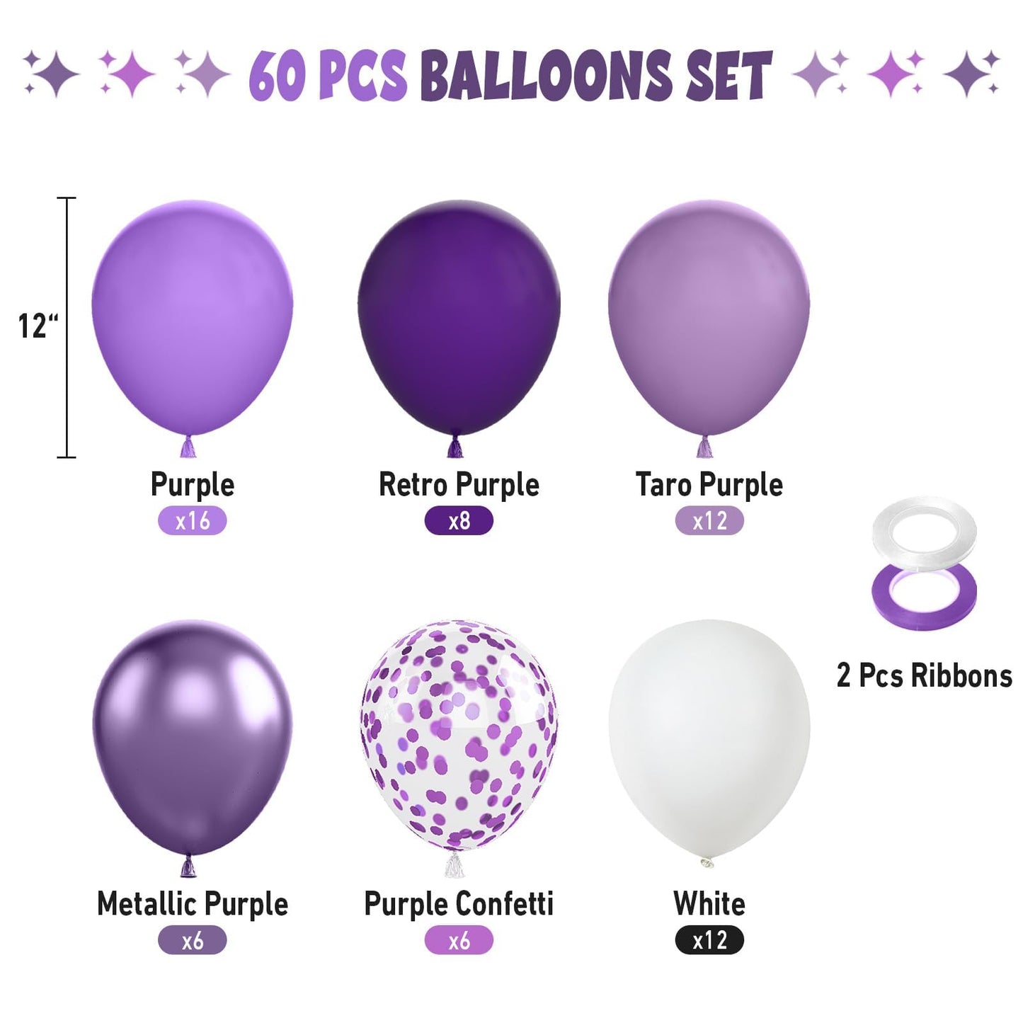 Funhot Purple Balloons, 60 Pcs Dark Purple White Balloons, 12 Inch Metallic Purple Confetti Balloons Macaron Purple Latex Balloo