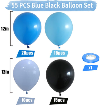 Blue And Black Balloons, 60 Pcs Blue Balloons Gamer Balloons Set And Light Blue Balloons, 12 Inch Baby Blue Dark Blue Balloons F