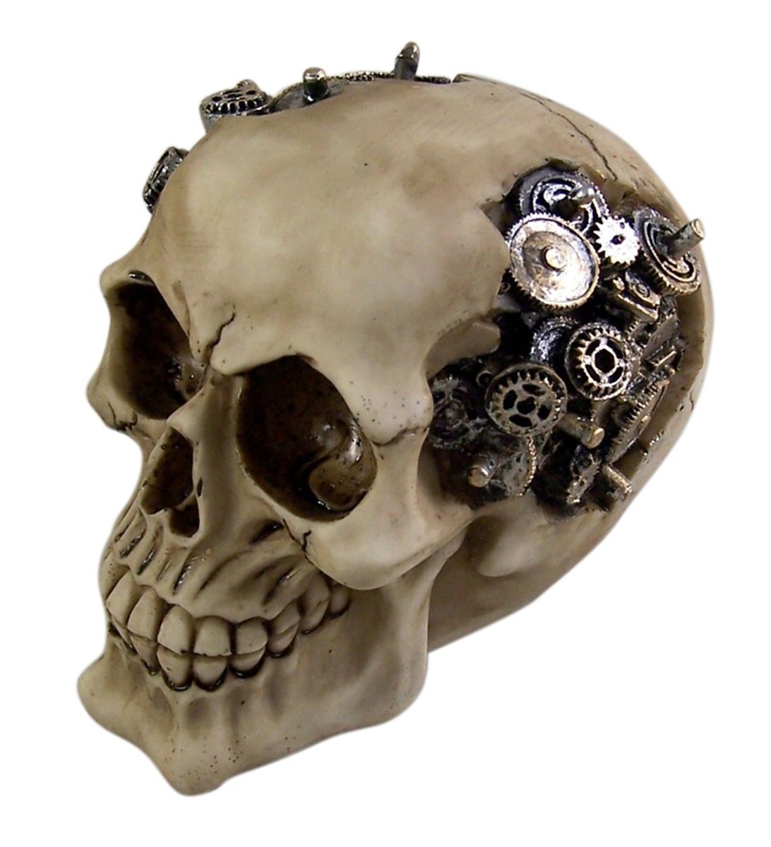 Pacific Trading Steampunk Cyborg Protruding Gear Work Human Skull Statue Clockwork Gear Design Skeleton Cranium Figurine
