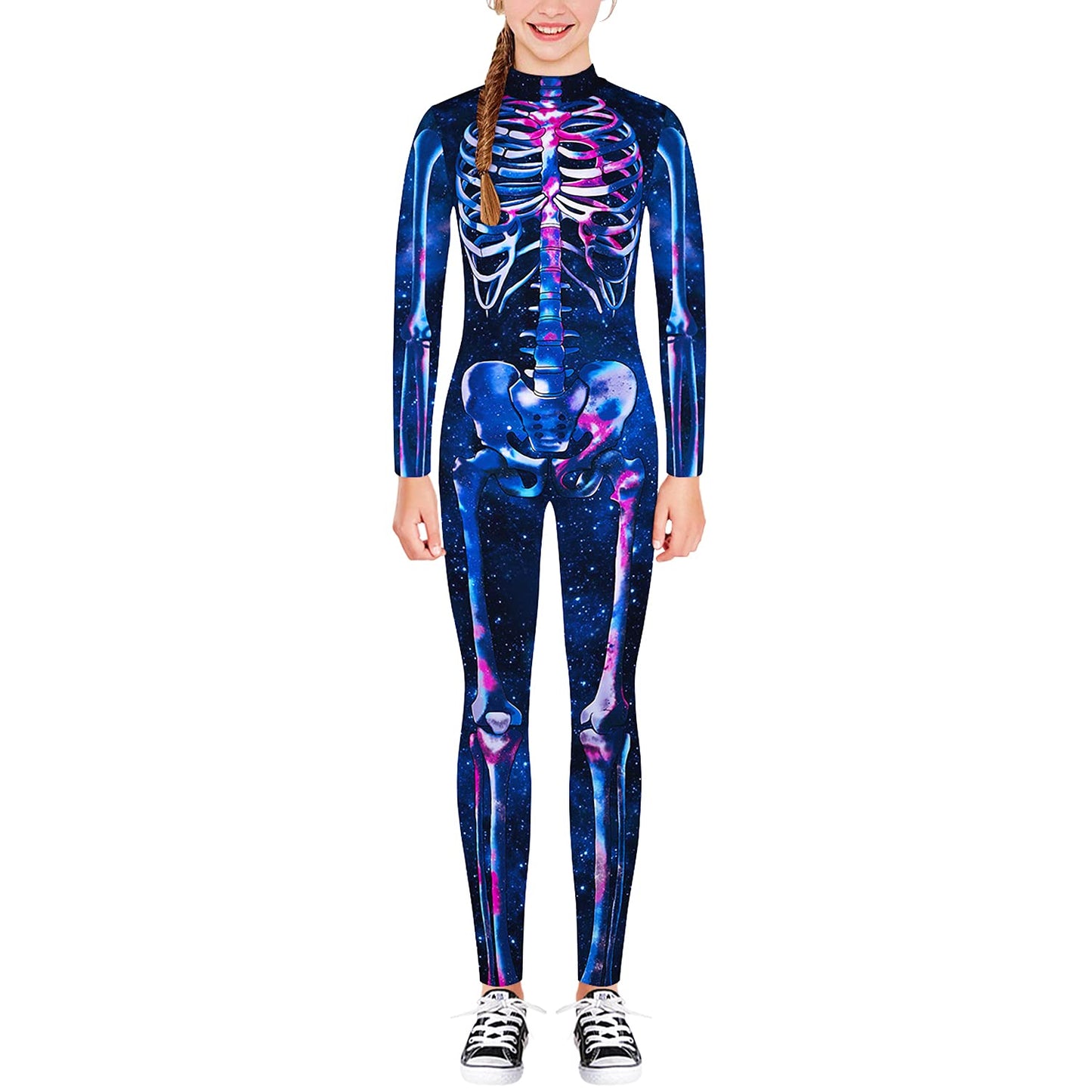 Remimi Skeleton Skin Costume For Boys Girls Zipper Halloween Stretchy Skull Bodysuit Jumpsuit Starry 9-10 Years