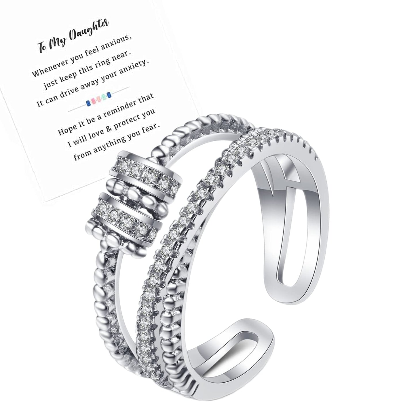 Anxiety Ring For Daughter, 18K White Gold Fidget Ring For Daughter From Mom To My Daughter Cubic Zirconia Adjustable Thumb Stres