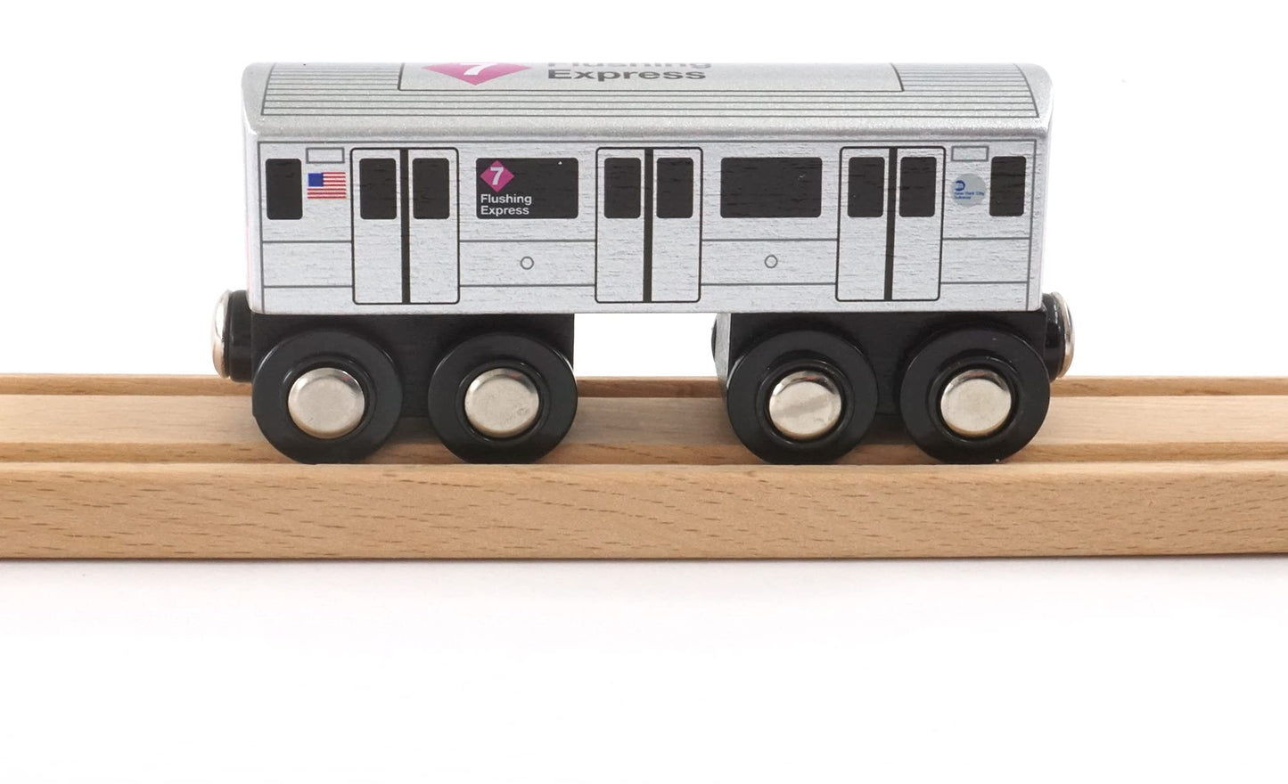 MUNI PALS Wooden Toy Train - New York City Subway 7-Train Flushing Express, Child Safe, Natural Wood