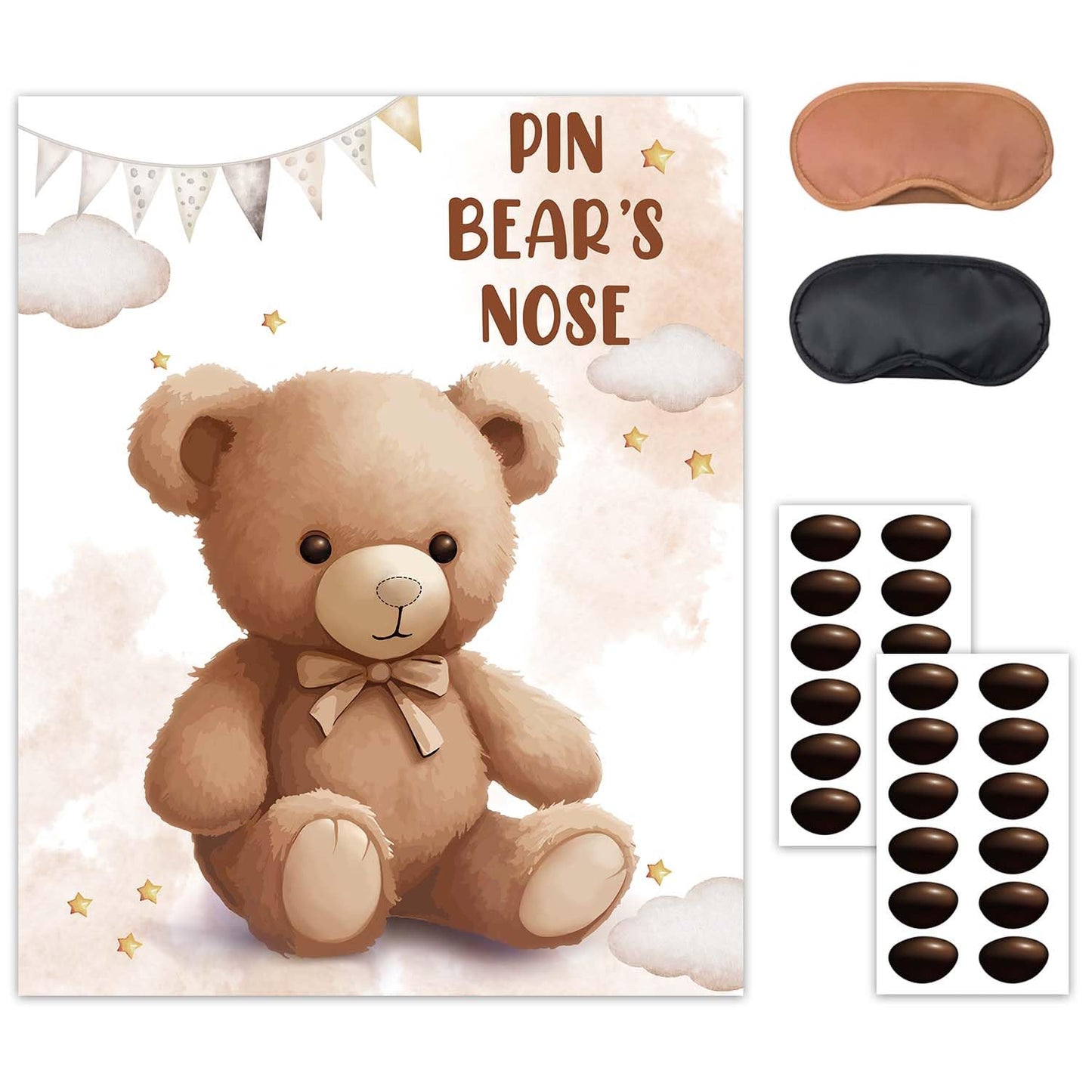Pin The Noses On The Bear,Teddy Bear Party Game,Large Poster Wiht 24Pcs Noses Stickers For Kid'S Birthday Baby Shower Theme