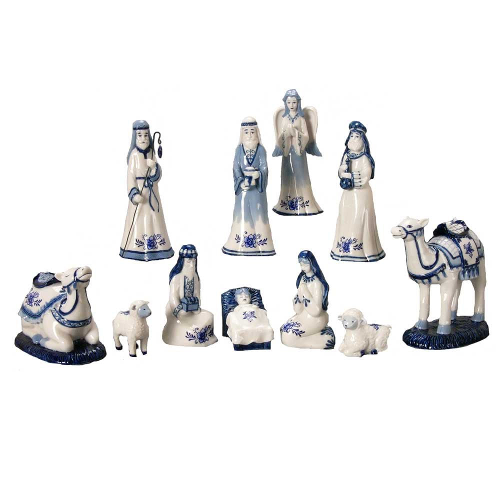 Kurt Adler Porcelain Delft Blue Nativity Set, 11-Piece, 1.97" x 6.7", Multi Color, Model J4020