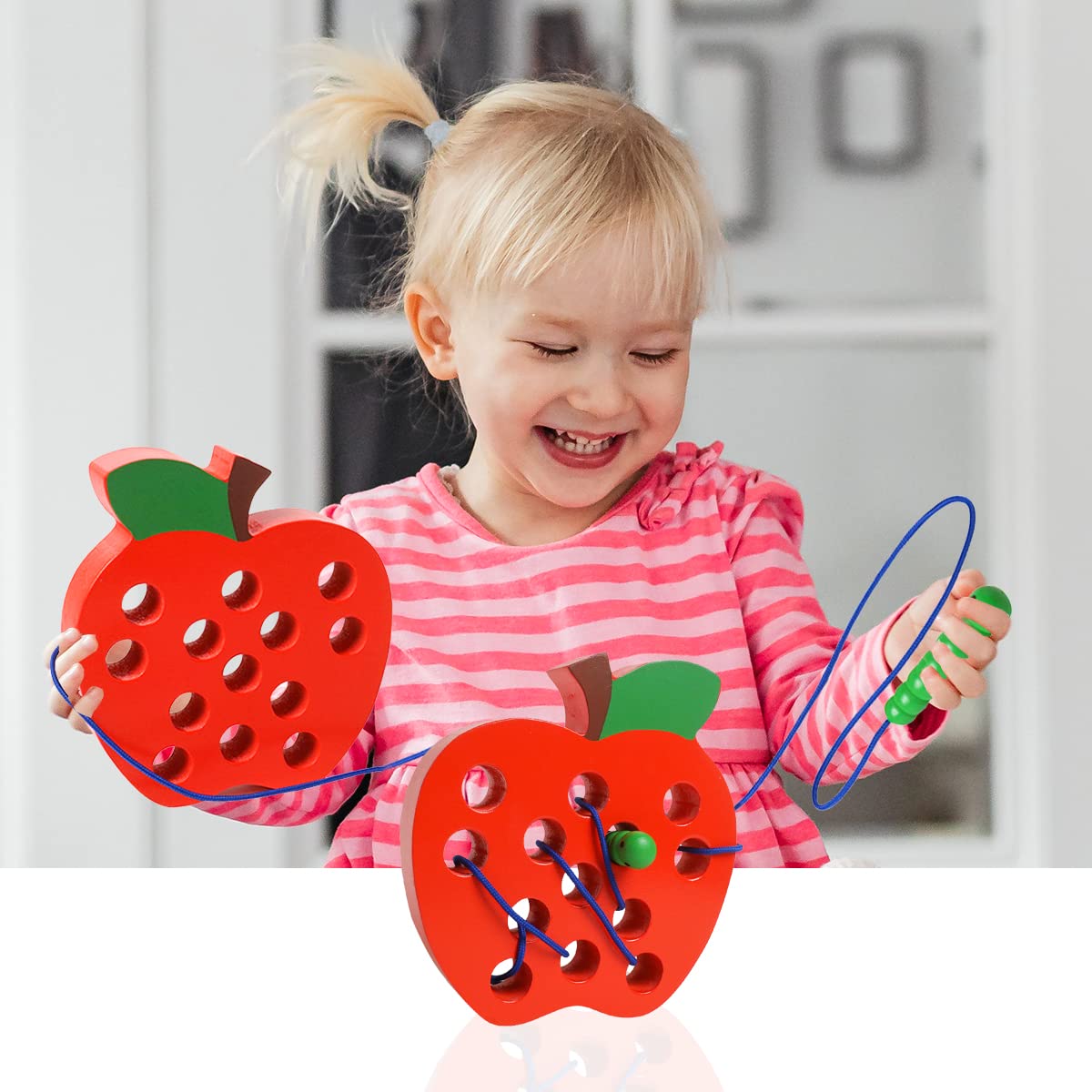 Lacing Toys For Toddlers 1-3,Wooden Threading Apple Baby Travel Toys,Montessori Education Sensory Toys Learning Fine Motor Skills, Wooden Block Puzzle Gifts For 1 2 3 Year Old Baby Kids Boys Girls