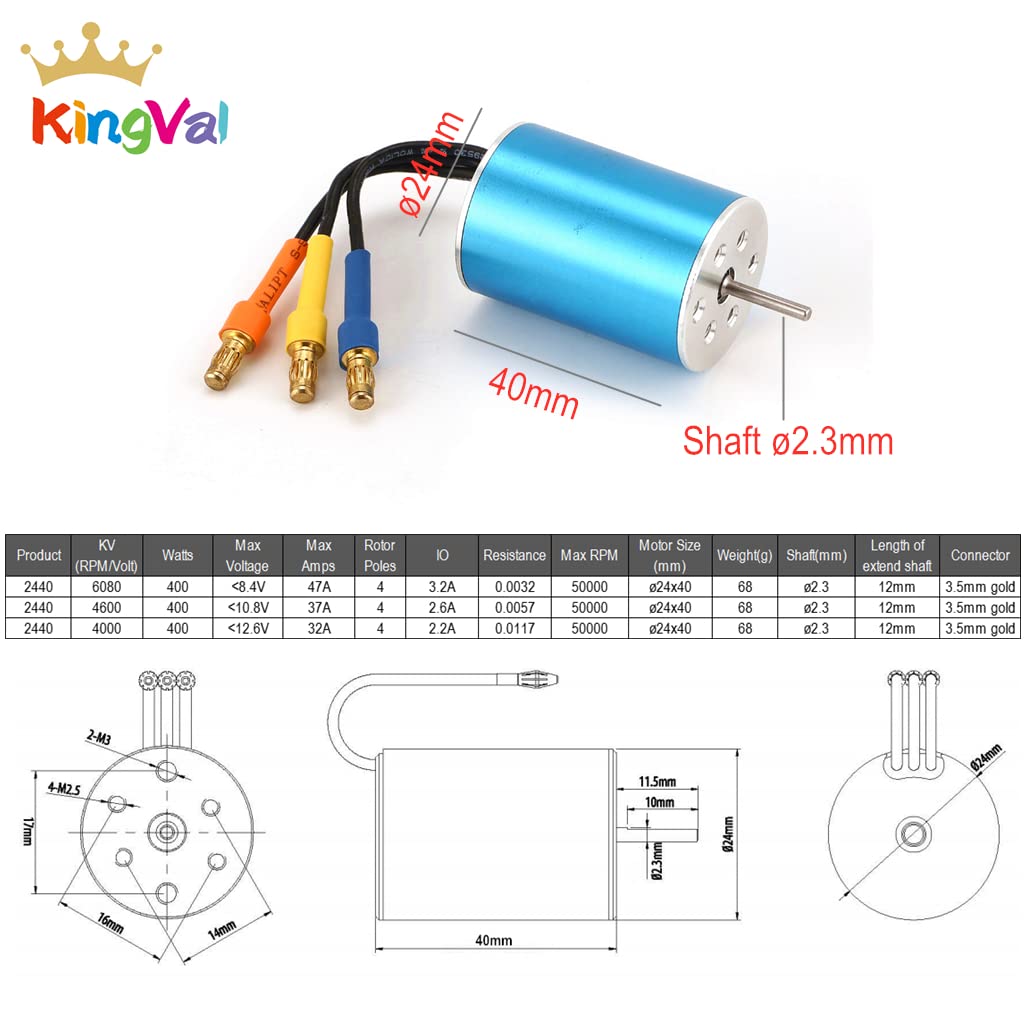 KingVal Replacement 2440 4600KV Sensorless Brushless Motor Shaft Diameter 2.3mm Compatible with 1/16 1/18 RC Car