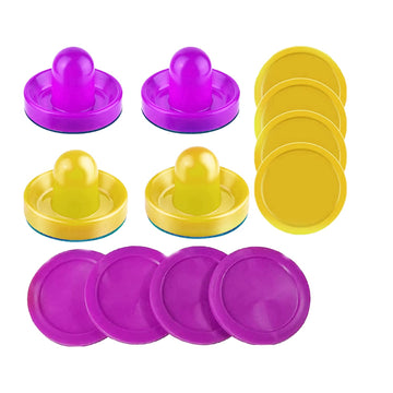 Inscool Air Hockey Pushers And Air Hockey Pucks Air Hockey Paddles, Goal Handles Paddles Replacement Accessories For Game Tables(4 Yellow And Purple Pushers, 8 Yellow And Purple Pucks)